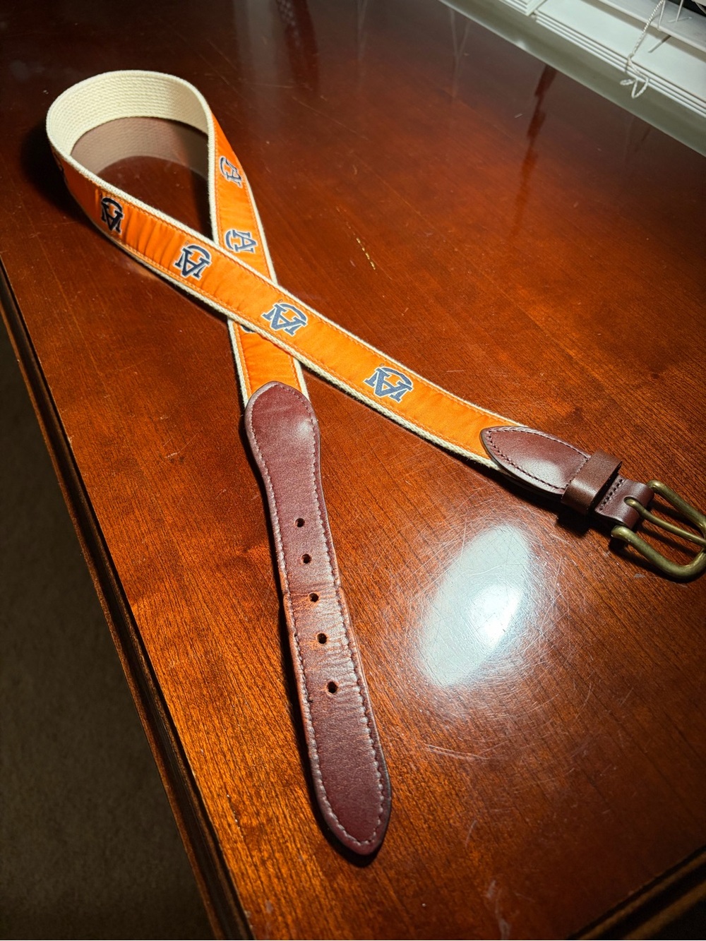 Auburn University Orange Embroidered canvas  & Brown Leather Men’s Belt size 4